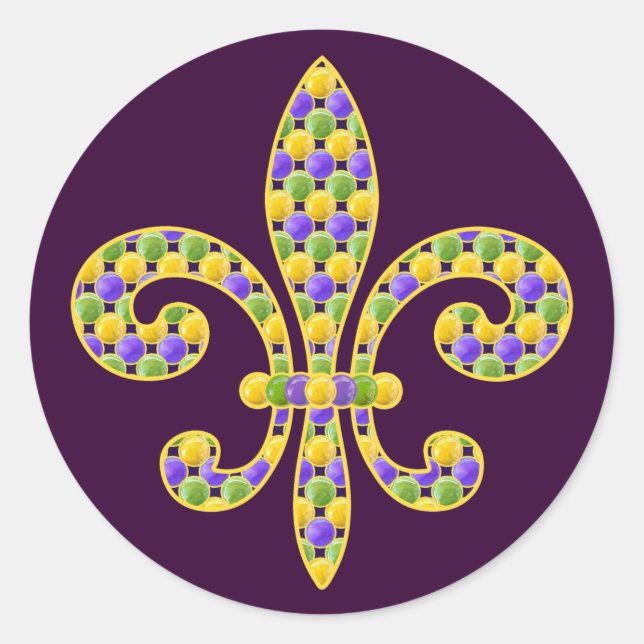 Mardi Gras bead Fleur de lis Classic Round Sticker (Front)