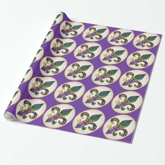 Mardi Gras Bead Fleur de lis Wrapping Paper (Unrolled)