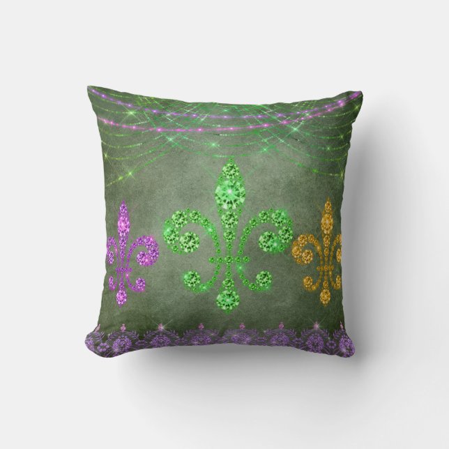 Mardi Gras Beads And Diamond Fleur de Lis Throw Pillow (Front)
