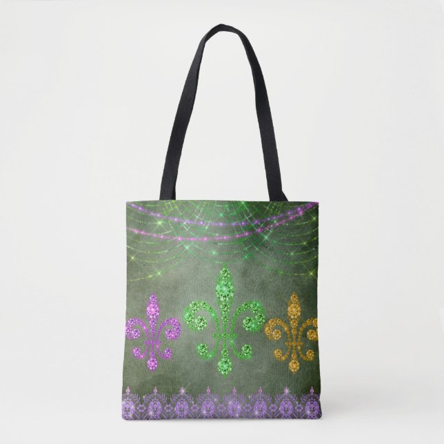 Mardi Gras Beads And Diamond Fleur de Lis Tote Bag (Front)