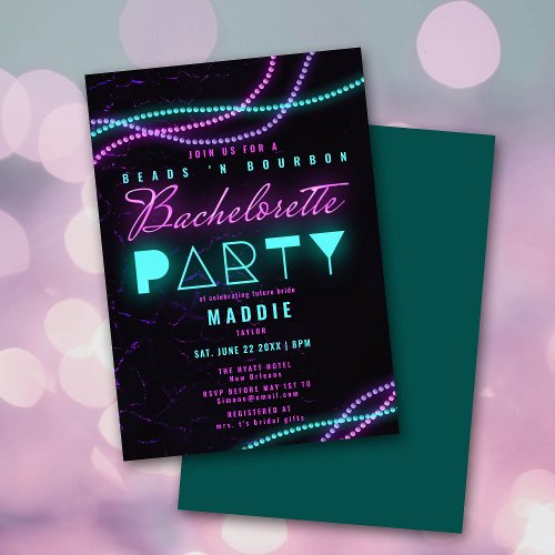 Mardi Gras Beads Bourbon Neon Bachelorette Party Invitation