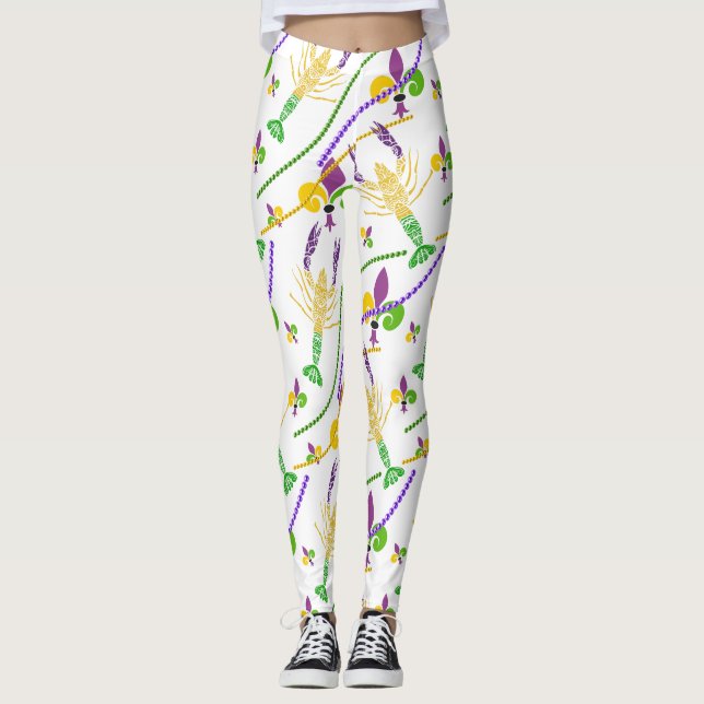 Mardi Gras Beads Fleur De Lis & Crawfish Leggings (Front)