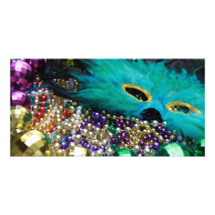 Mardi Gras Beads & Green Feather Mask Card