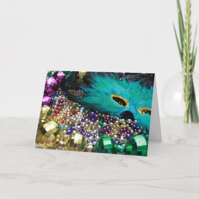 Mardi Gras Beads & Green Feather Mask Card (Front)