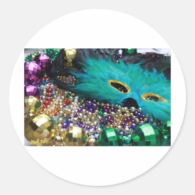 Mardi Gras Beads & Green Feather Mask Classic Round Sticker (Front)