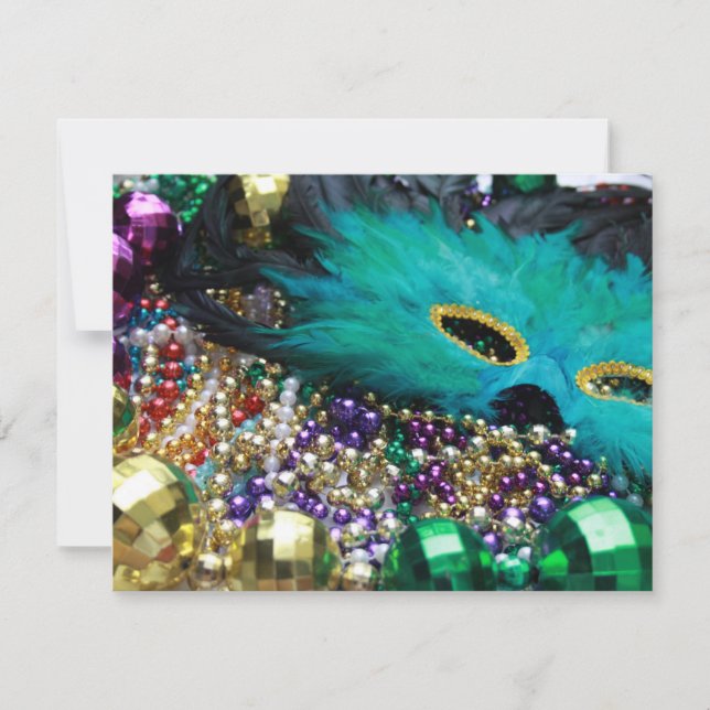 Mardi Gras Beads & Green Feather Mask Invitations (Front)