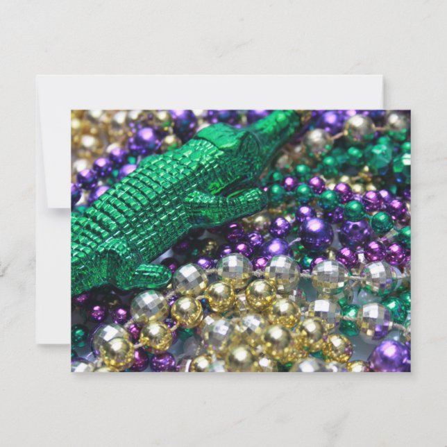 Mardi Gras Beads & Green Gator Invitations (Front)