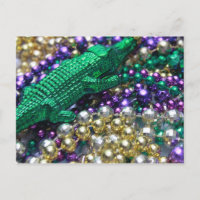 Mardi Gras Beads & Green Gator Postcard