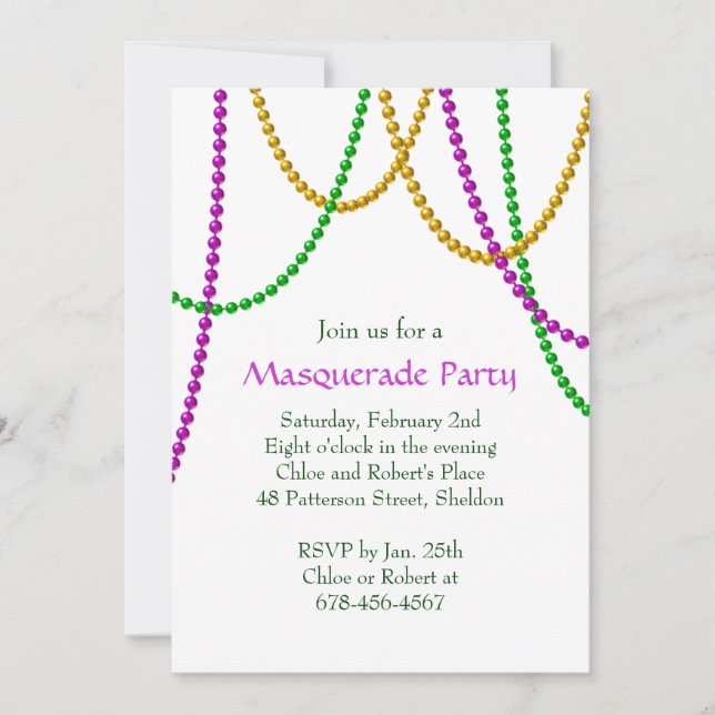 Mardi Gras Beads Invitation (white) (Front)