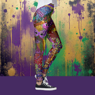 Mardi Gras Beads Masks Leggings Comfortable Pants