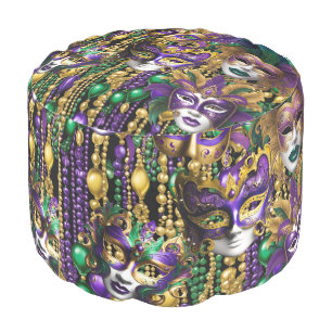 Mardi Gras Beads Masks Purple Green Footstool Pouf