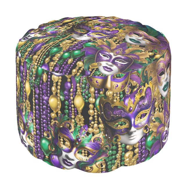 Mardi Gras Beads Masks Purple Green Footstool Pouf (Angled Back)