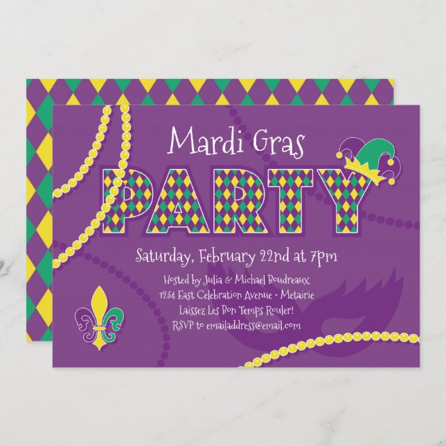 Mardi Gras Beads Party Invitation (Front/Back)