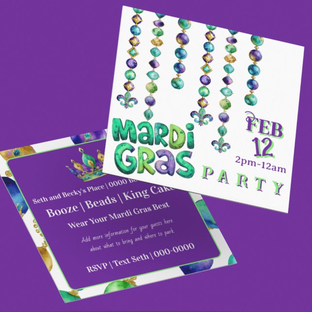 Mardi Gras Beads Party Invitation (Personalize the front and reverse of this Mardi Gras Party invitation featuring mardi gras beads)