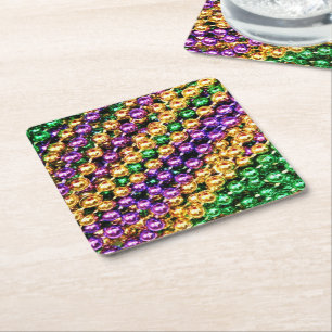 Mardi Gras Beads Square Paper Coaster
