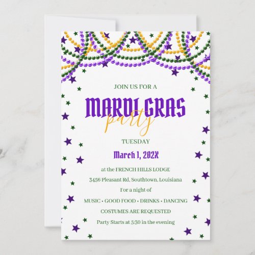 Mardi Gras Beads  Stars Party Invitation