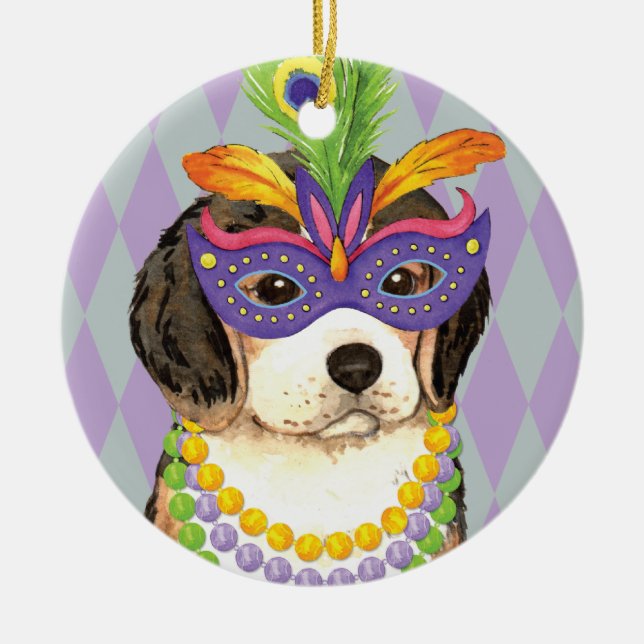 Mardi Gras Beagle Ceramic Ornament (Front)