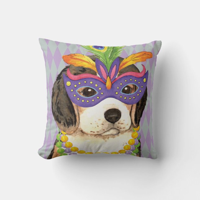 Mardi Gras Beagle Throw Pillow (Front)