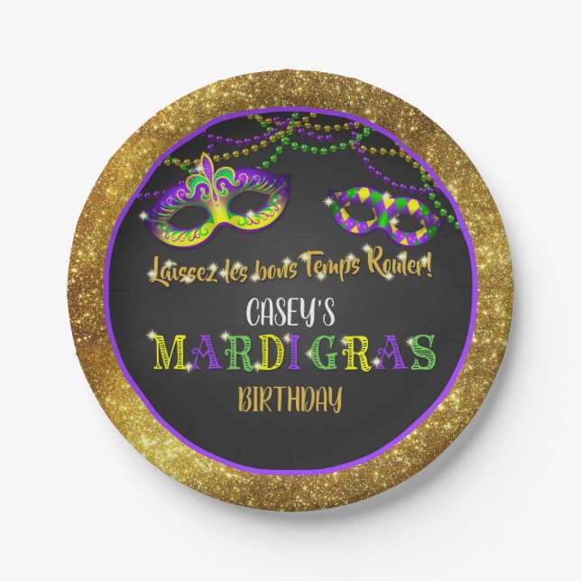 Mardi Gras Birthday (Gold) Paper Plates (Front)