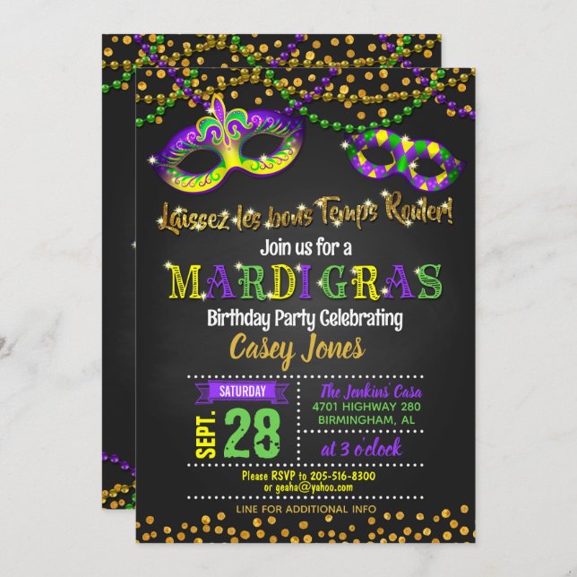 Mardi Gras Birthday Invitation (Front/Back)