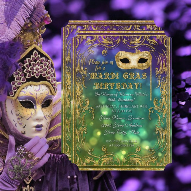 Mardi Gras Birthday Masquerade Mask Bokeh Gold Invitation (Creator Uploaded)