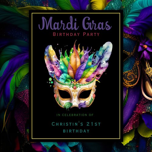 Mardi Gras Birthday Masquerade Party Black Chic  Invitation