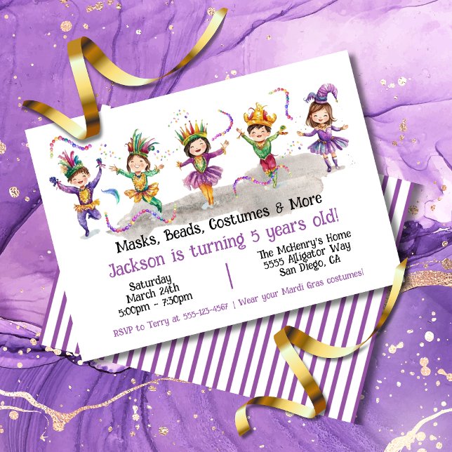 Mardi Gras Birthday Party Costume Kids Invitation (Creator Uploaded)