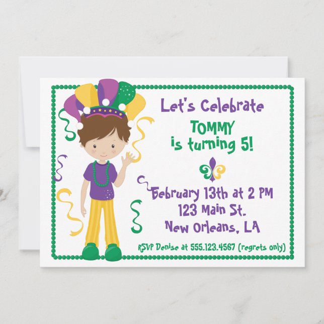 Mardi Gras Birthday Party Invitation For Boy (Front)