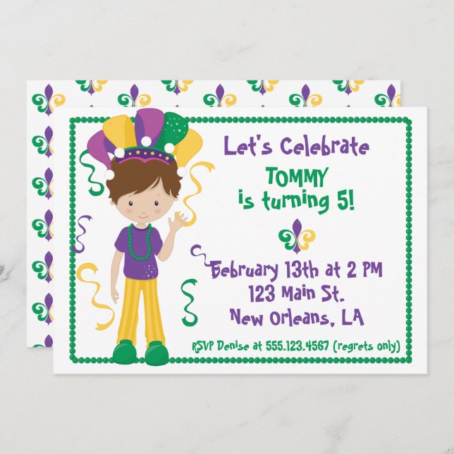 Mardi Gras Birthday Party Invitation For Boy (Front/Back)