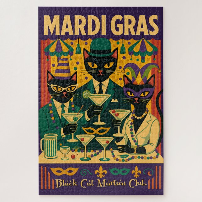 Mardi Gras Black Cat Martini Club Trio Jigsaw Puzzle (Vertical)