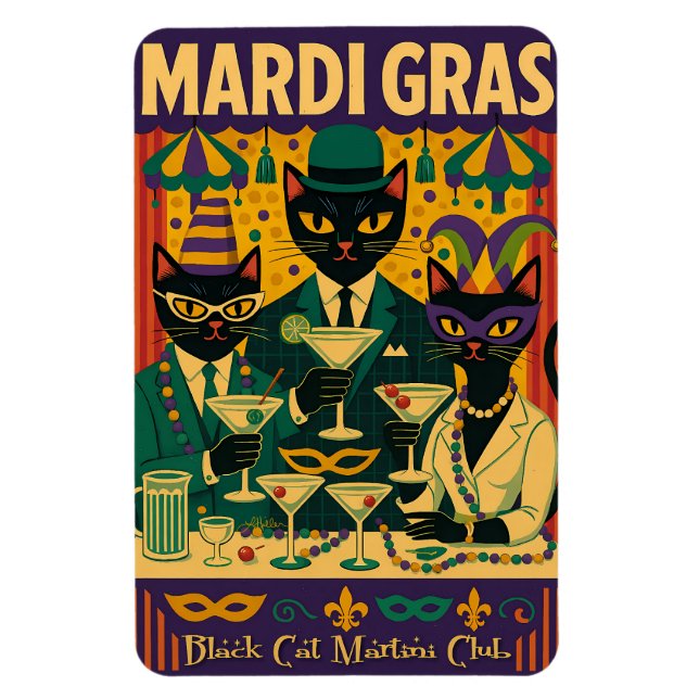 Mardi Gras Black Cat Martini Club Trio Magnet (Vertical)