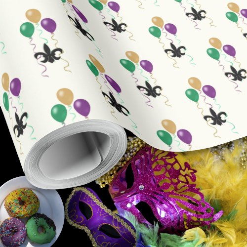 Mardi Gras Black FleurDeLis with Balloons on Ivory Wrapping Paper