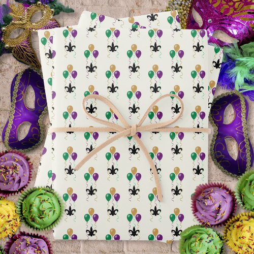 Mardi Gras Black FleurDeLis with Balloons on Ivory Wrapping Paper Sheets