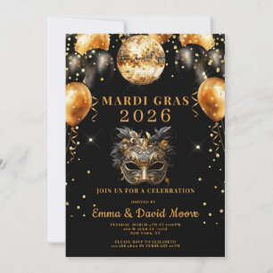 Mardi Gras Black Gold Glitter Masquerade Party Invitation