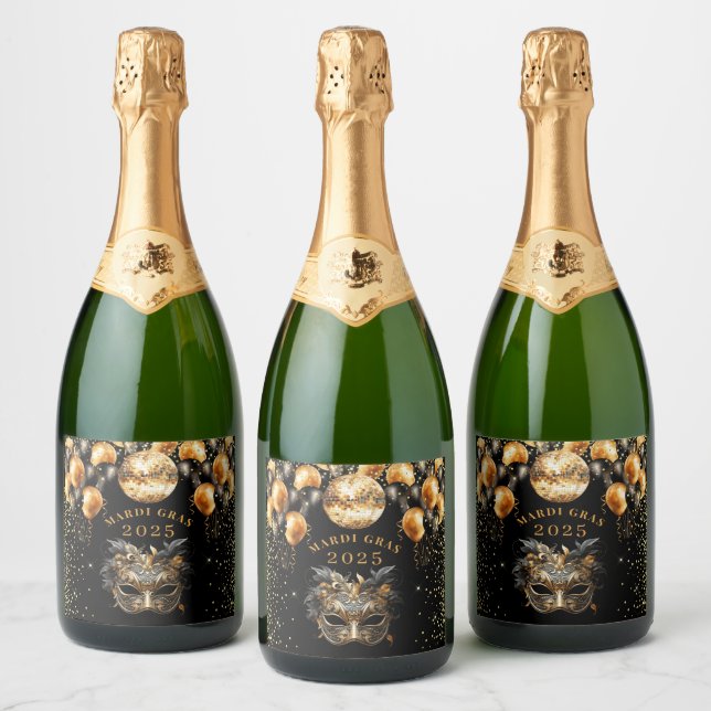 Mardi Gras Black Gold Glitter Party Sparkling Wine Label (Bottles)