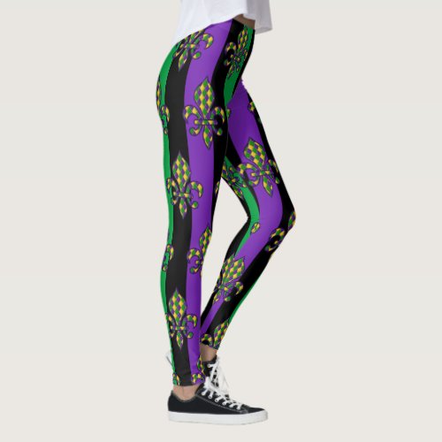 Mardi Gras Black Purple Green Fleur de lis Leggings