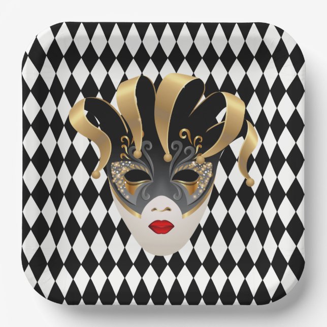 Mardi Gras Black & White Diamond  Paper Plates (Front)