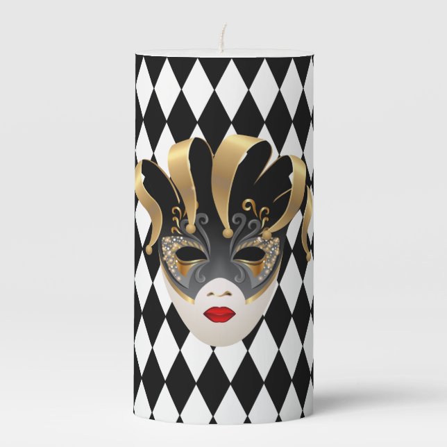 Mardi Gras Black & White Diamond  Pillar Candle (Front)