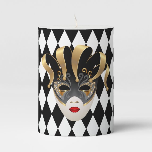 Mardi Gras Black & White Diamond  Pillar Candle (Front)