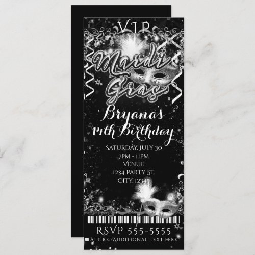 Mardi Gras Black  White VIP Birthday Party Ticket Invitation