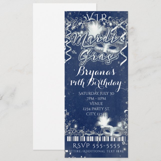 Mardi Gras Blue & White VIP Birthday Party Ticket Invitation (Front/Back)