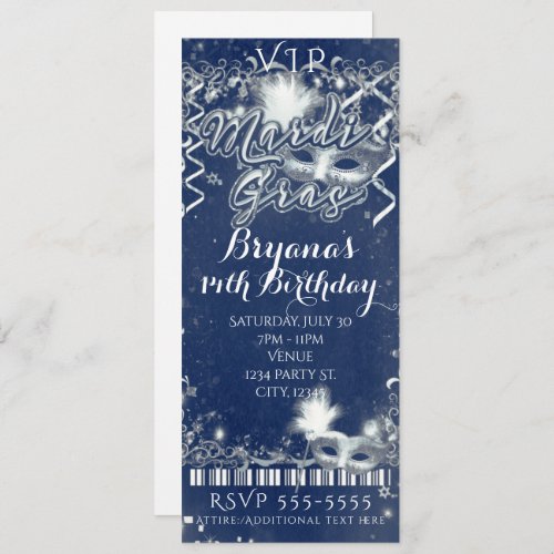 Mardi Gras Blue  White VIP Birthday Party Ticket Invitation