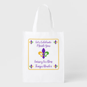 Mardi Gras Bon Temp Green Gold Purple Fleur de Lis Grocery Bag