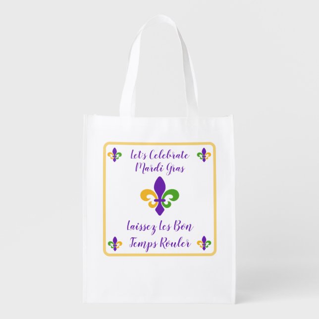 Mardi Gras Bon Temp Green Gold Purple Fleur de Lis Grocery Bag (Front)