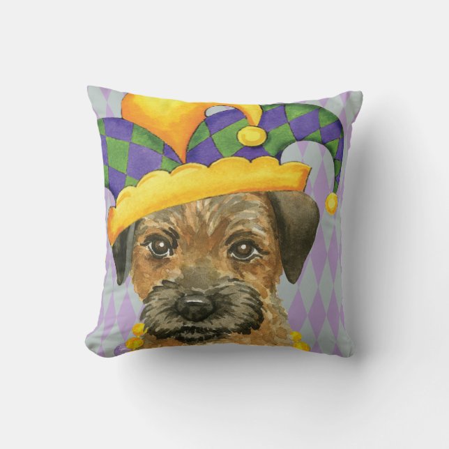 Mardi Gras Border Terrier Throw Pillow (Front)