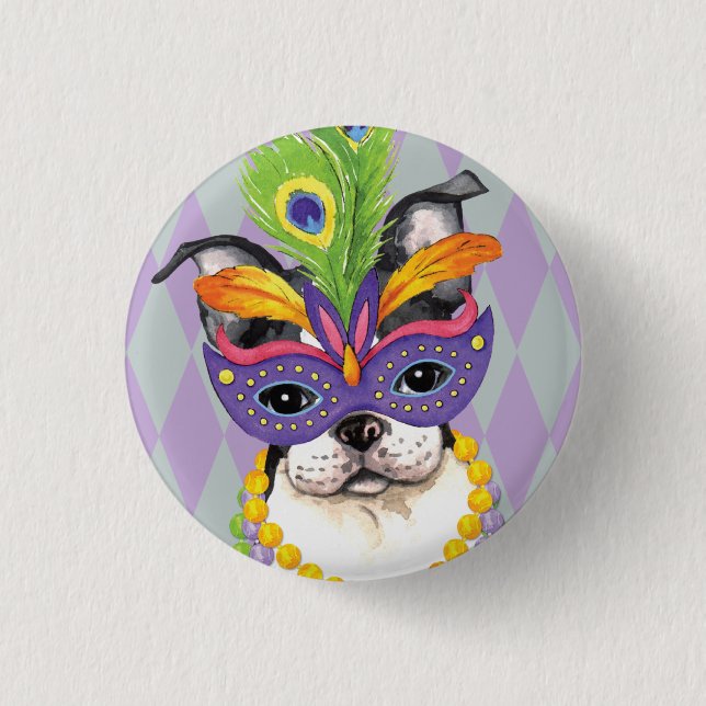 Mardi Gras Boston Terrier Pinback Button (Front)