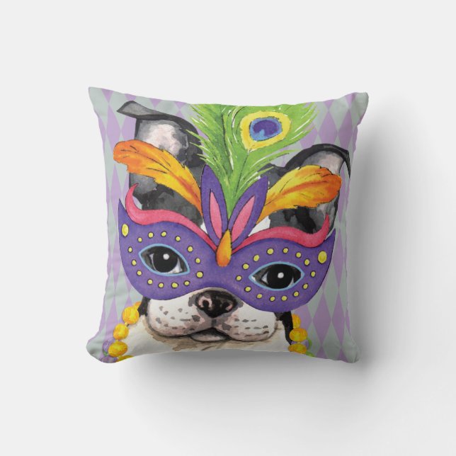 Mardi Gras Boston Terrier Throw Pillow (Front)
