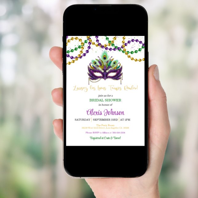 Mardi Gras Bridal Shower Invitation Beads - White (Front Digital)