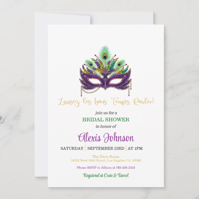 Mardi Gras Bridal Shower Invitation - White (Front)