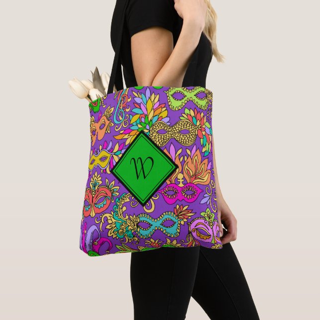 Mardi Gras Bright Masquerade Masks Monogrammed Tote Bag (Close Up)